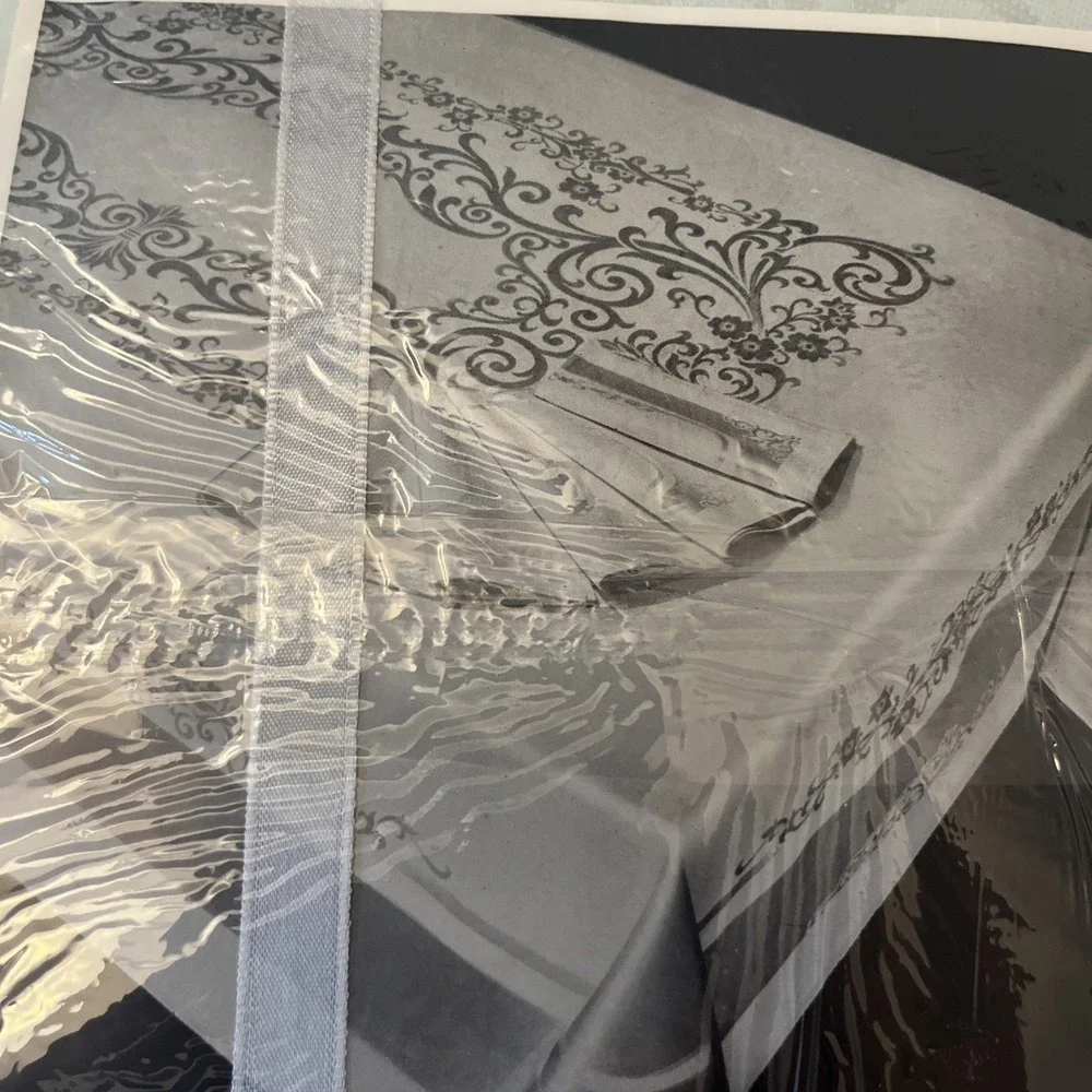 Imported Damask Set Aqua Floral Scroll Cotton Rayon Tablecloth Napkin Set #705